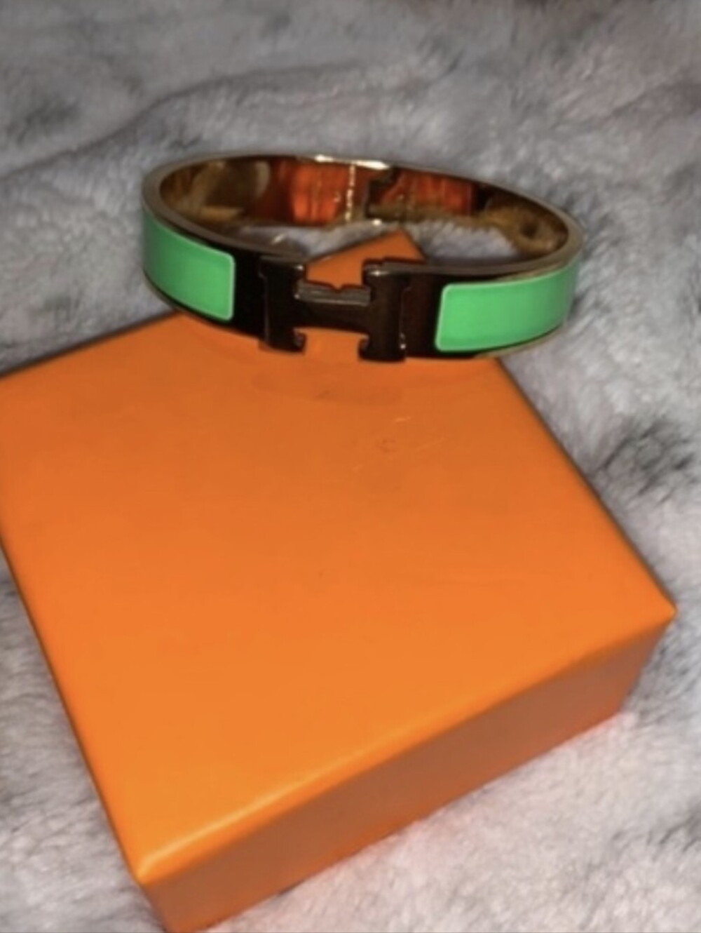 Hermes Green Enamel H Clic Bracelet with Gold Hardware